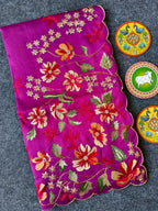 Mameraa Sarees Pink Matka Silk Saree With Heavy Floral Embroidery Border With Running Blouse-Pink | Grocsy