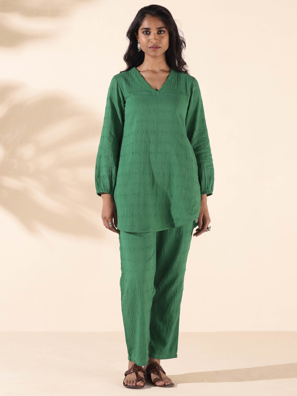 trueBrowns Green Cotton Dobby Relaxed Co-ord Set | Grocsy