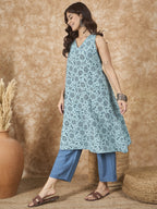 InWeave Mint Blue V Neck Aline Kurta Set | Grocsy