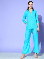 InWeave Women's Aqua Blue Coord Set With Solid Peach Crop Top | Grocsy