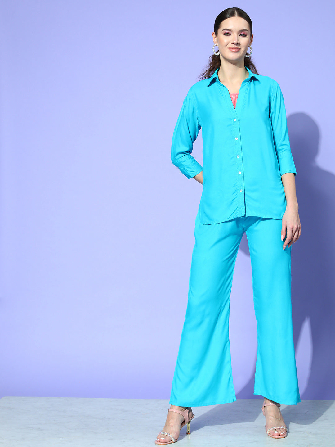 InWeave Women's Aqua Blue Coord Set With Solid Peach Crop Top | Grocsy