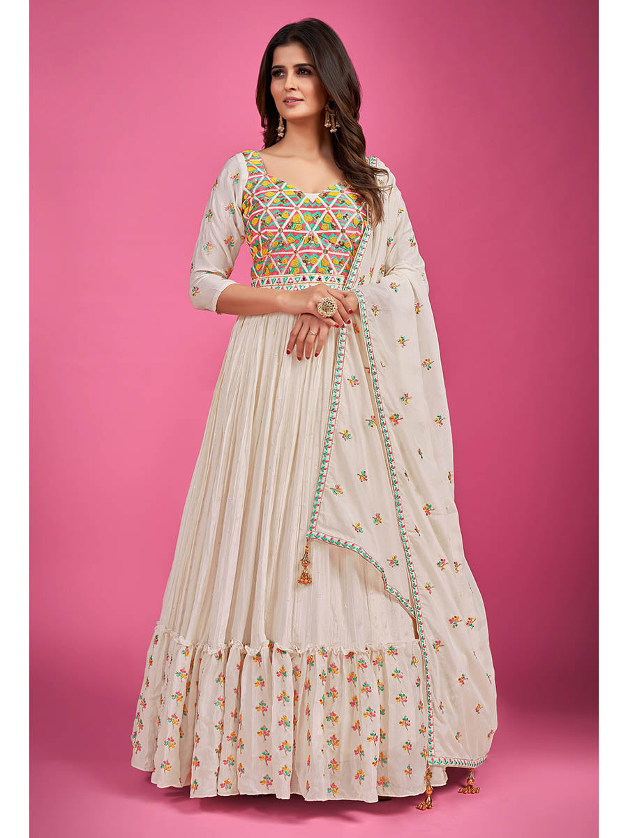 Myra White Chinon Silk Embroidered Gown | Grocsy