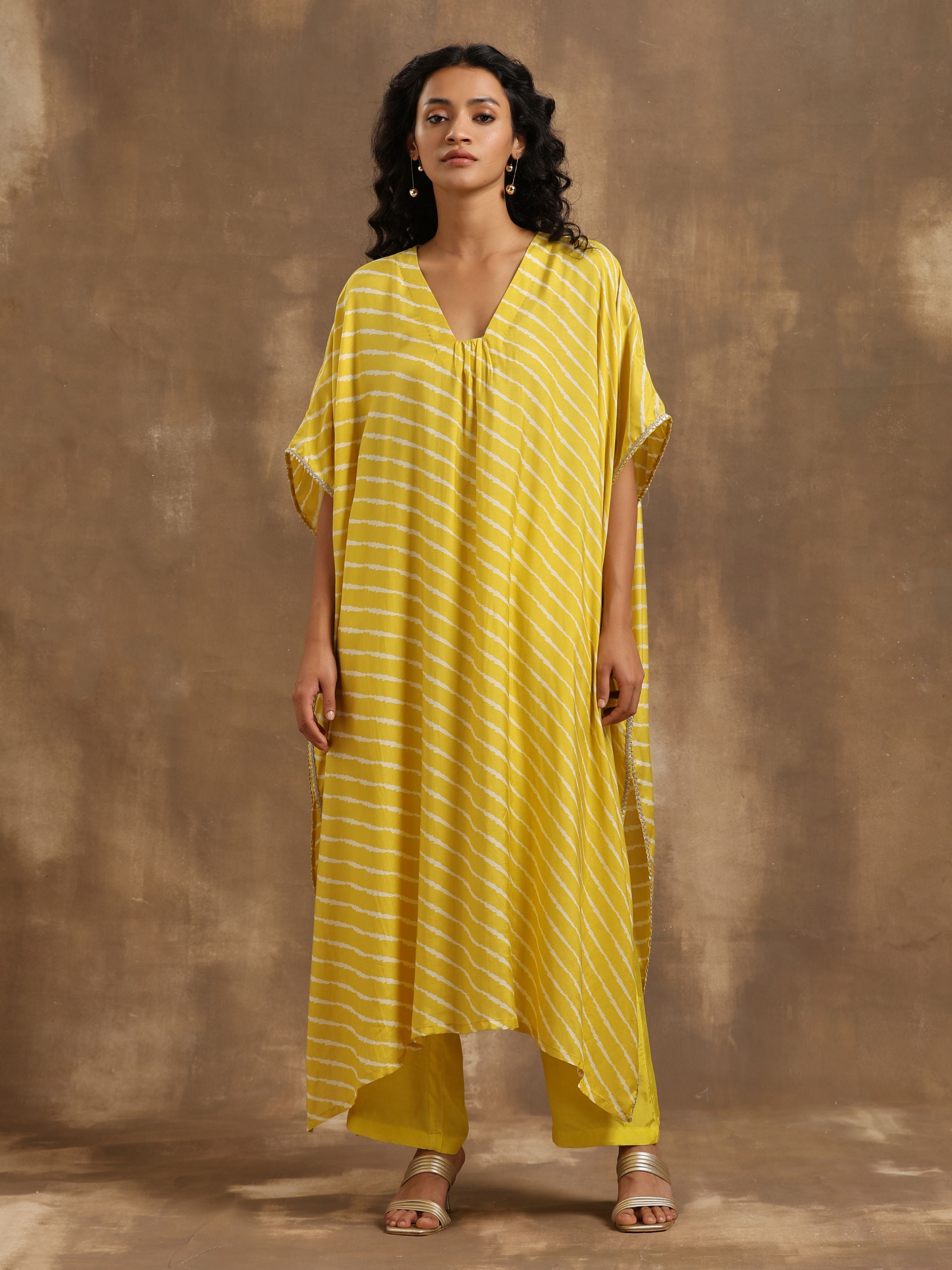 trueBrowns Lime Lehariya Printed Silk Kaftan Pant Set | Grocsy
