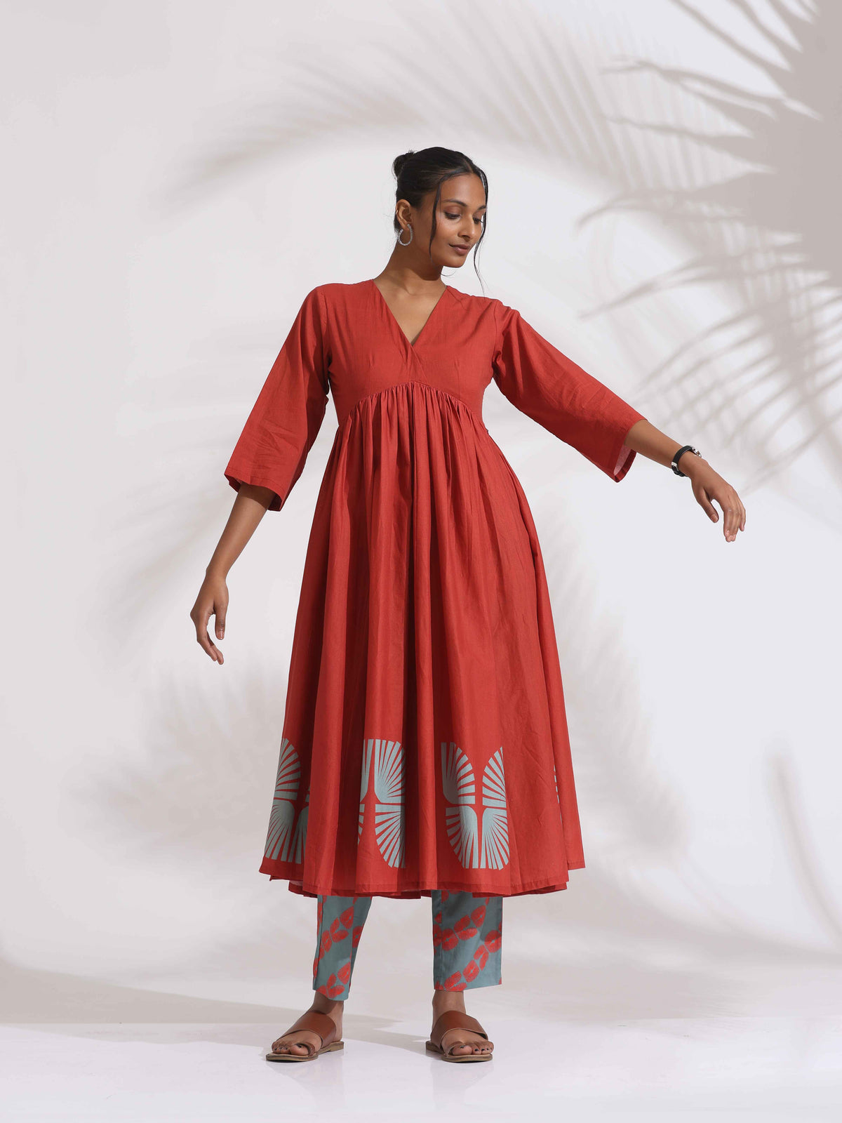 trueBrowns Red Cotton Print Flared Kurta Set | Grocsy