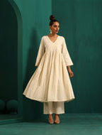 trueBrowns Ivory Tonal Cotton Anarkali Kurta Pant Set | Grocsy