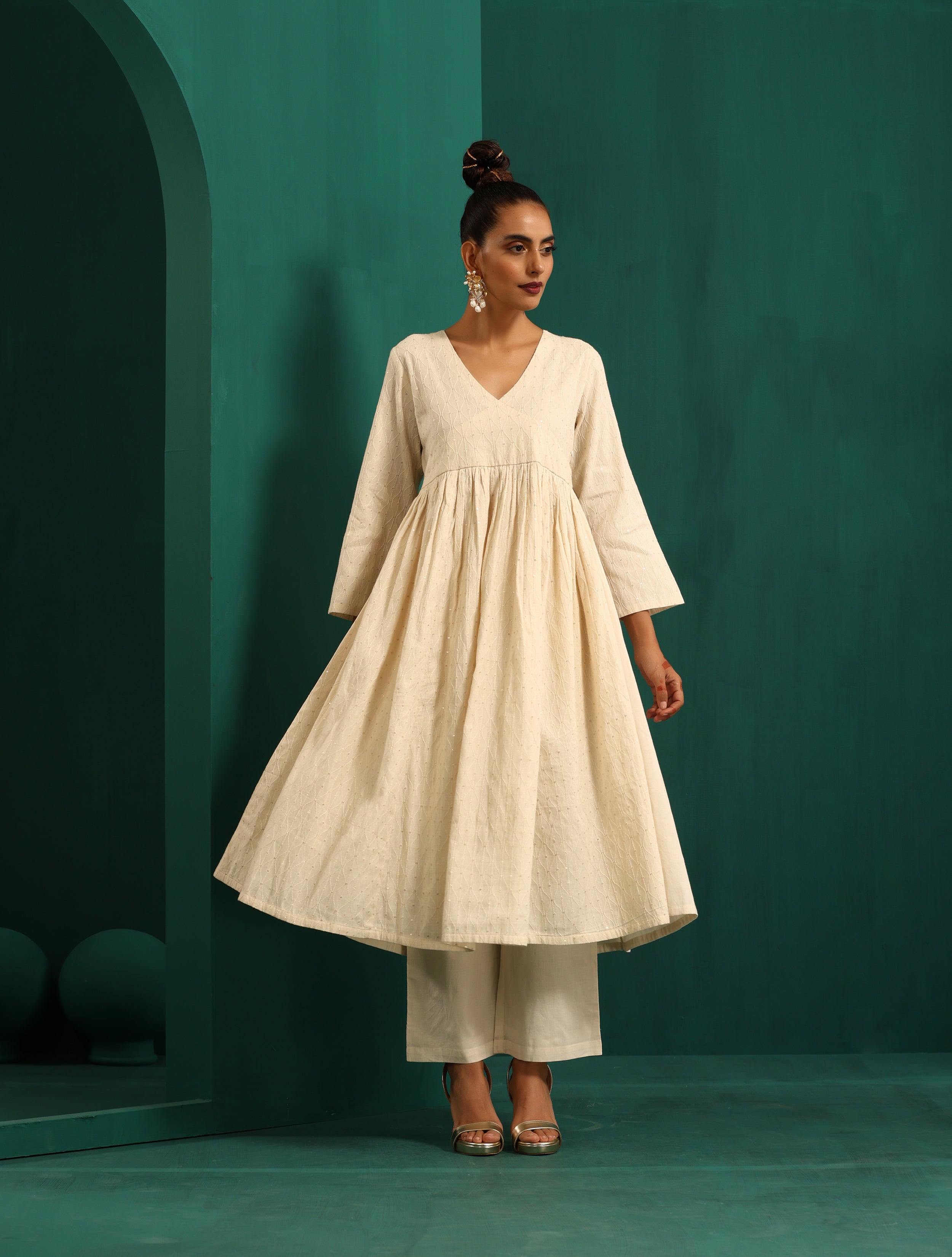trueBrowns Ivory Tonal Cotton Anarkali Kurta Pant Set | Grocsy