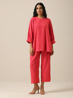 trueBrowns Bright Pink Slub Texture Baggy Sleeve Co-Ord Set | Grocsy