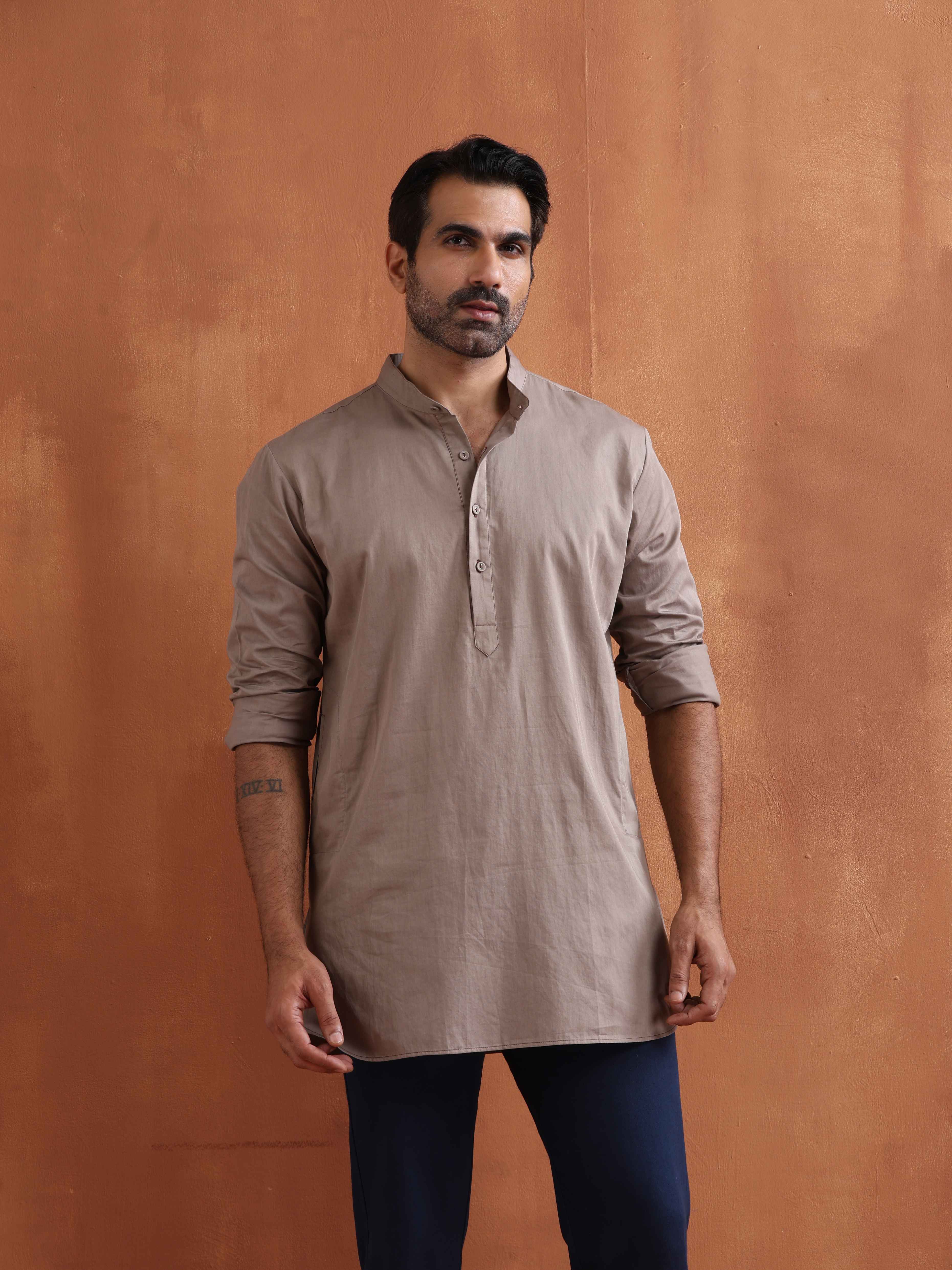 trueBrowns Men's Beige Cotton Short Kurta | Grocsy