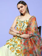 InWeave Women's Off White Yellow Floral Print Tie Up Kurta Sharara Set With Dupatta | Grocsy