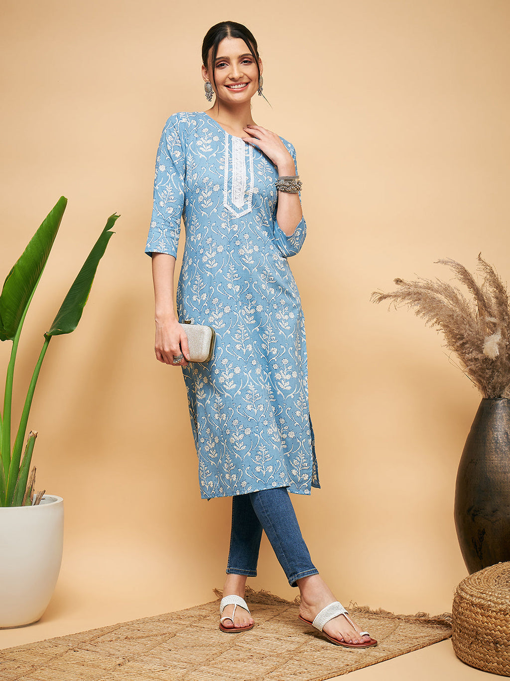 InWeave Women's Powder Blue White Print Lace Straight Kurta | Grocsy