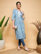 InWeave Women's Powder Blue White Print Lace Straight Kurta | Grocsy