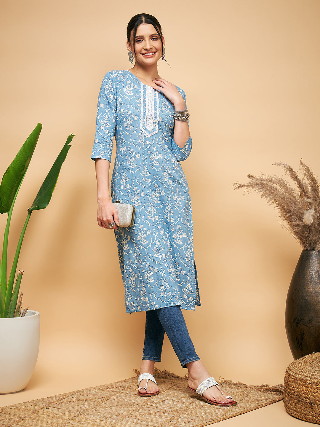 InWeave Women's Powder Blue White Print Lace Straight Kurta | Grocsy