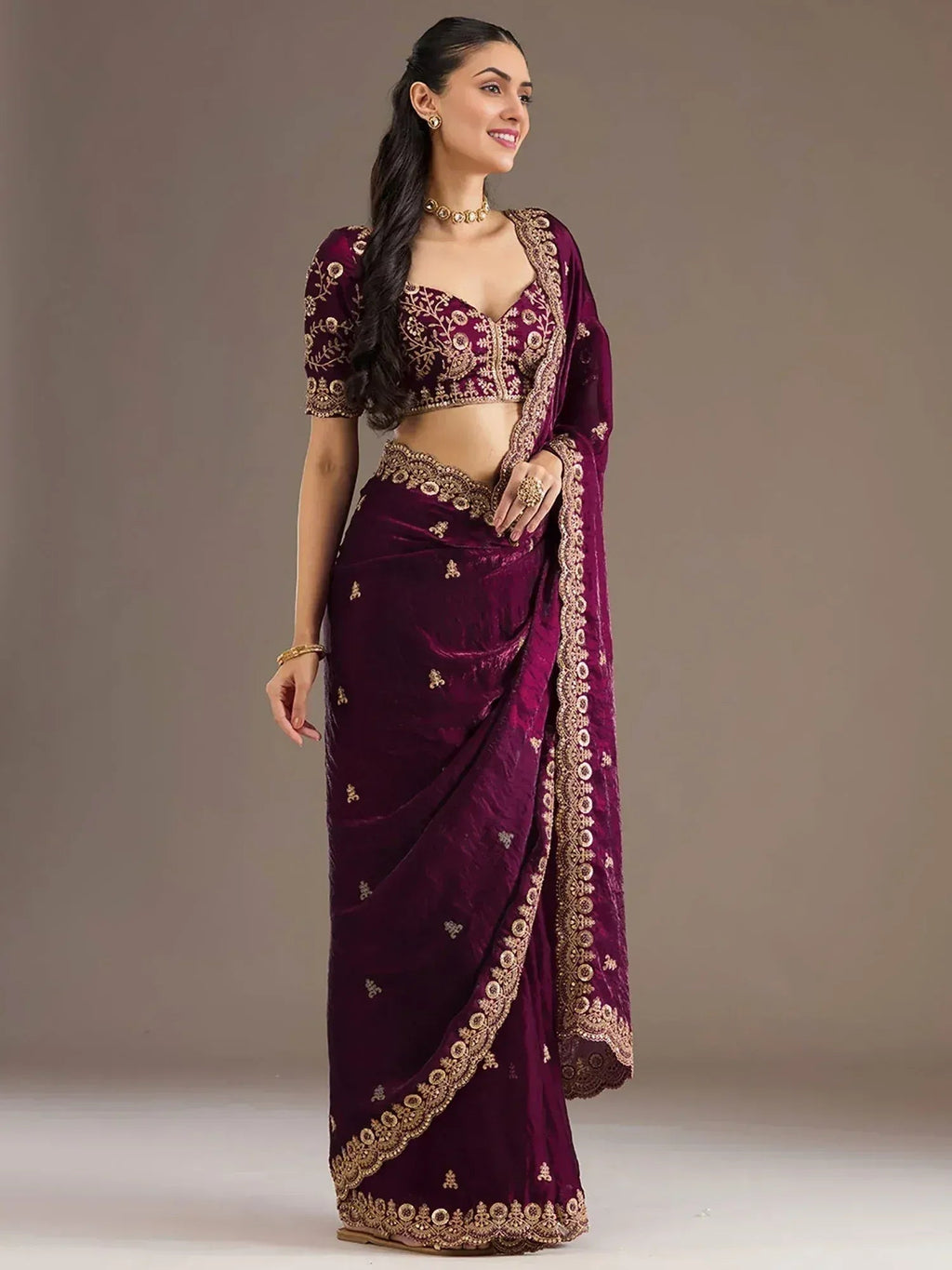 Tulsi Art Stunning Wine Embroidered Silk Reception Wear Saree With Blouse | Grocsy