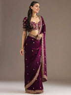 Tulsi Art Stunning Wine Embroidered Silk Reception Wear Saree With Blouse | Grocsy