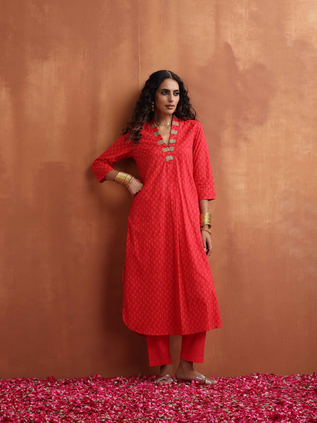 trueBrowns Red Print A-line Kurta Set | Grocsy
