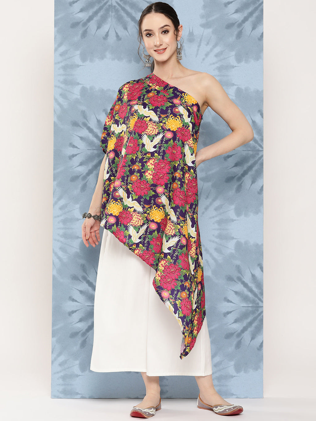 InWeave Women's Navy Bird Japanese Art Oneshoulder Top | Grocsy