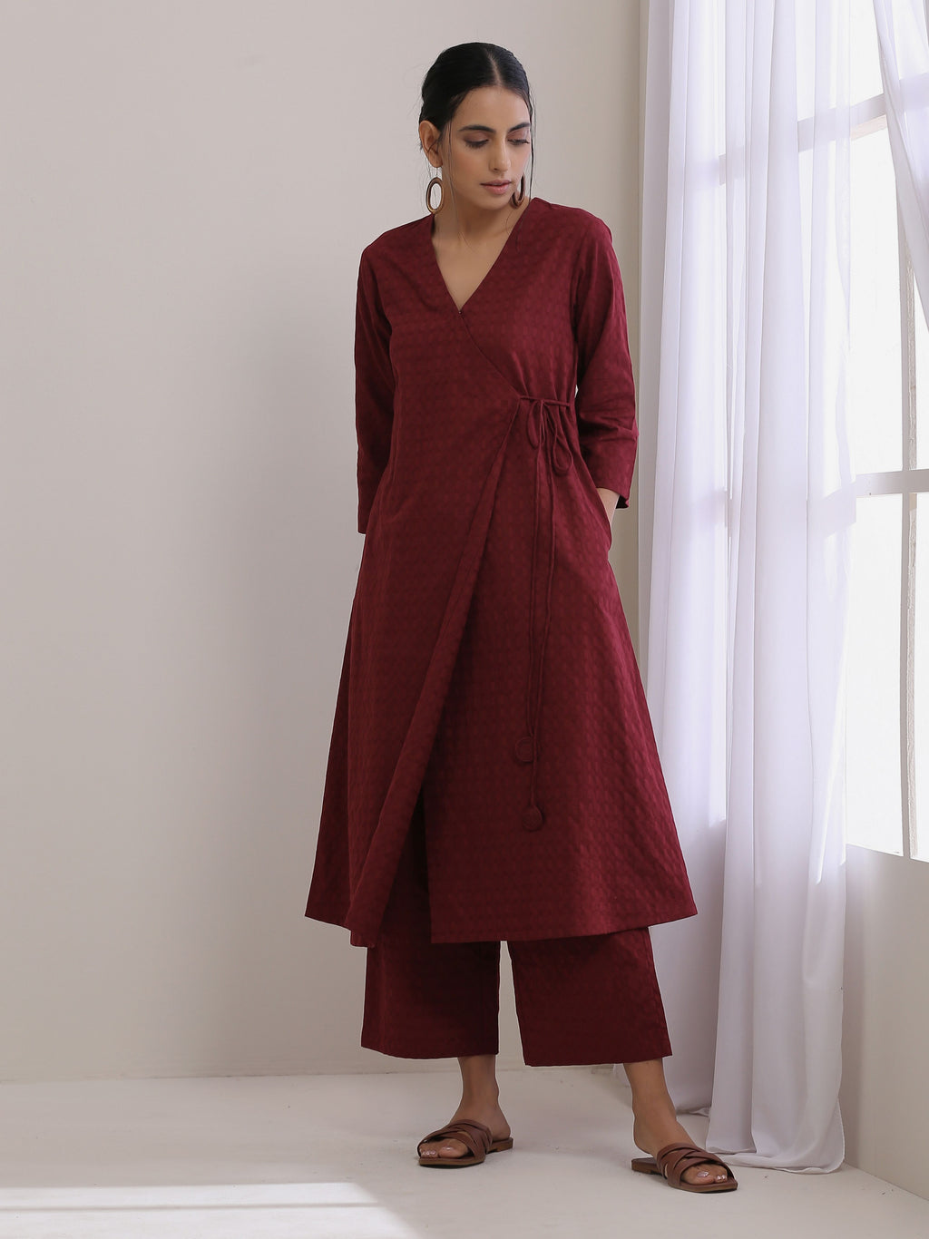 trueBrowns Ruby Wine Dobby Angrakha Pant Set | Grocsy