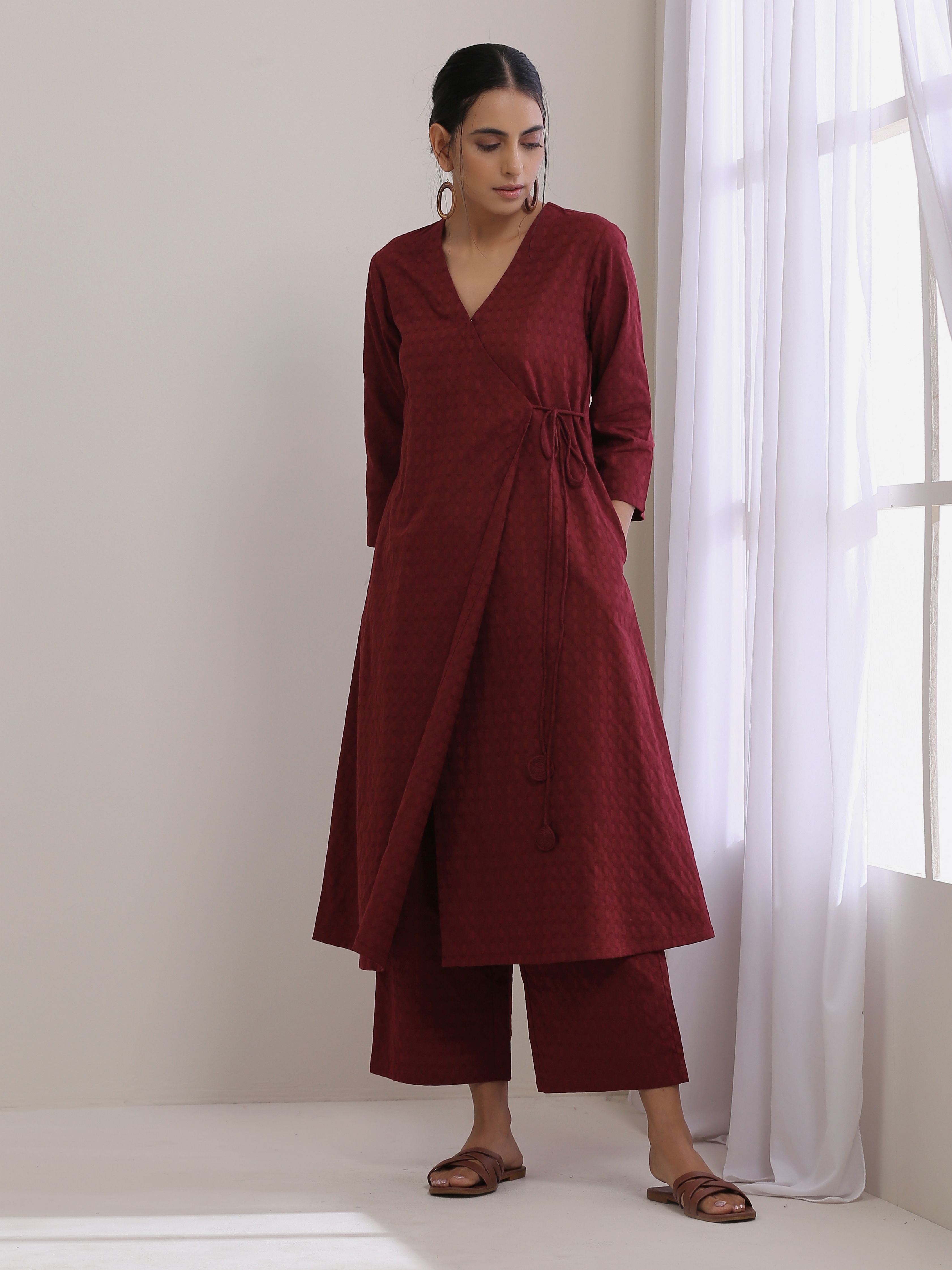 trueBrowns Ruby Wine Dobby Angrakha Pant Set | Grocsy