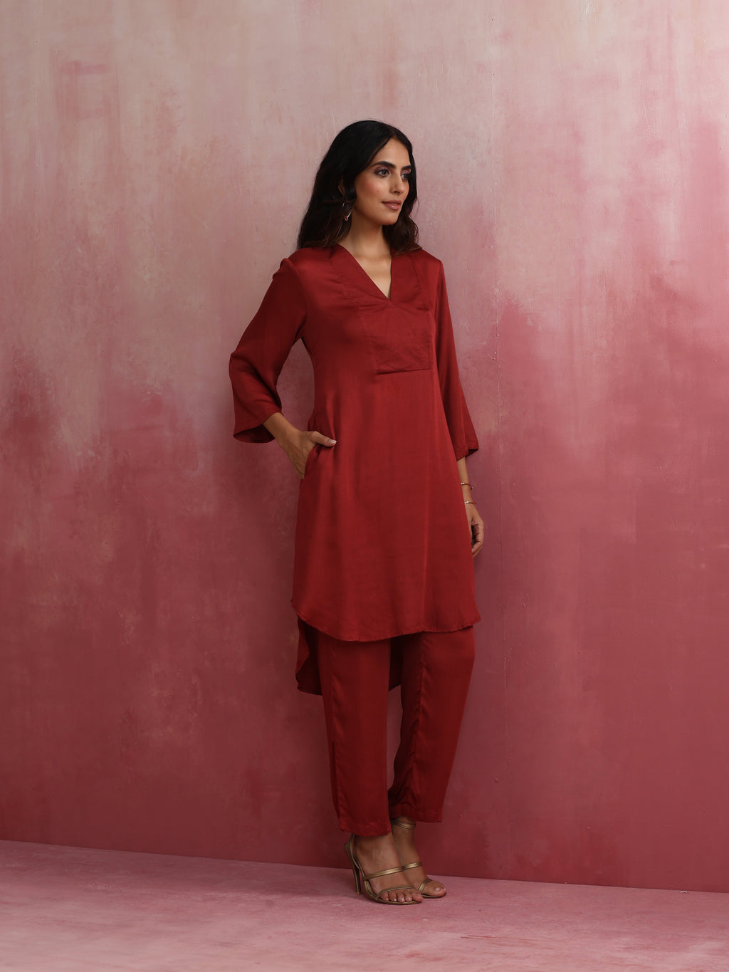 trueBrowns Maroon Modal V Neck Kurta Co-ord Set | Grocsy