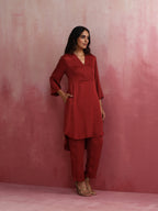 trueBrowns Maroon Modal V Neck Kurta Co-ord Set | Grocsy