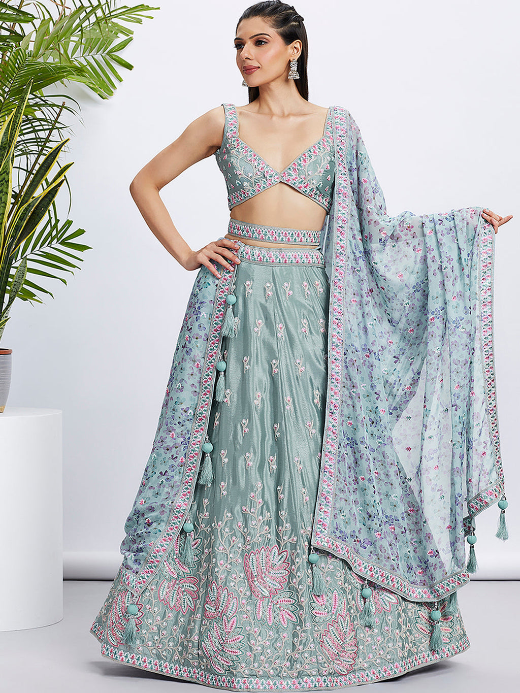 House of Panchhi Pink Georgette Sequins And Thread Embroidery Lehenga Choli & Dupatta | Grocsy