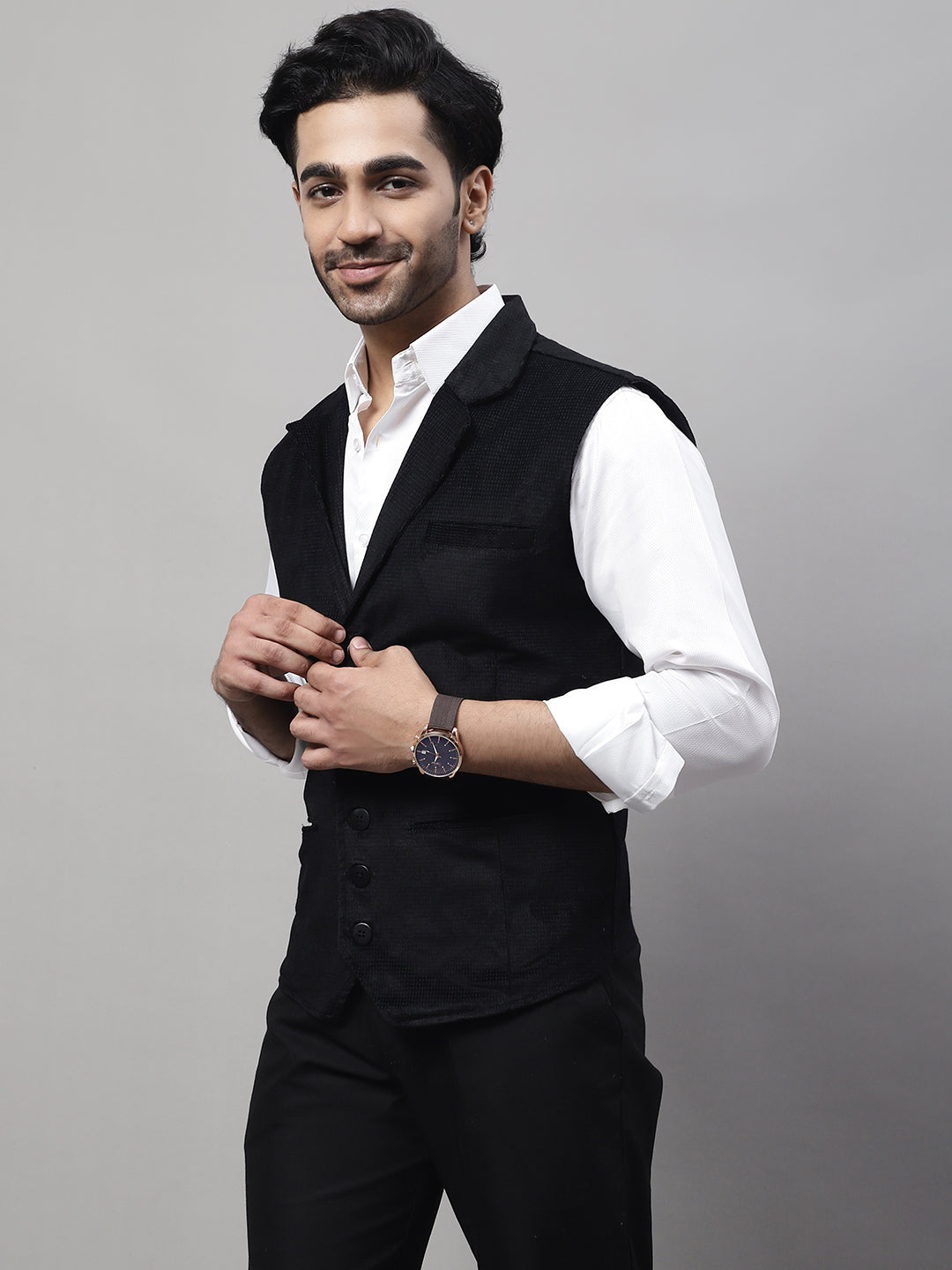 Even Apparels Men's Black Nehru Jacket With Welt Pockets | Grocsy