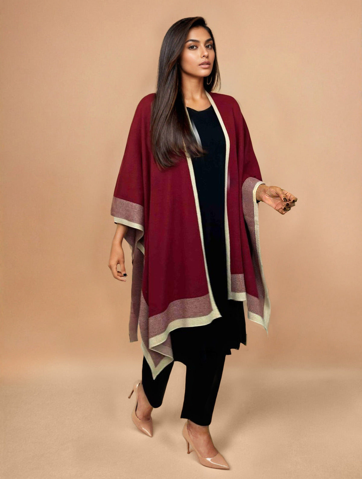 trueBrowns Maroon Woollen Kaftan Cape | Grocsy