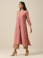 trueBrowns Light Mauve Slub Texture Neck Pleat Kurta Pant Set | Grocsy