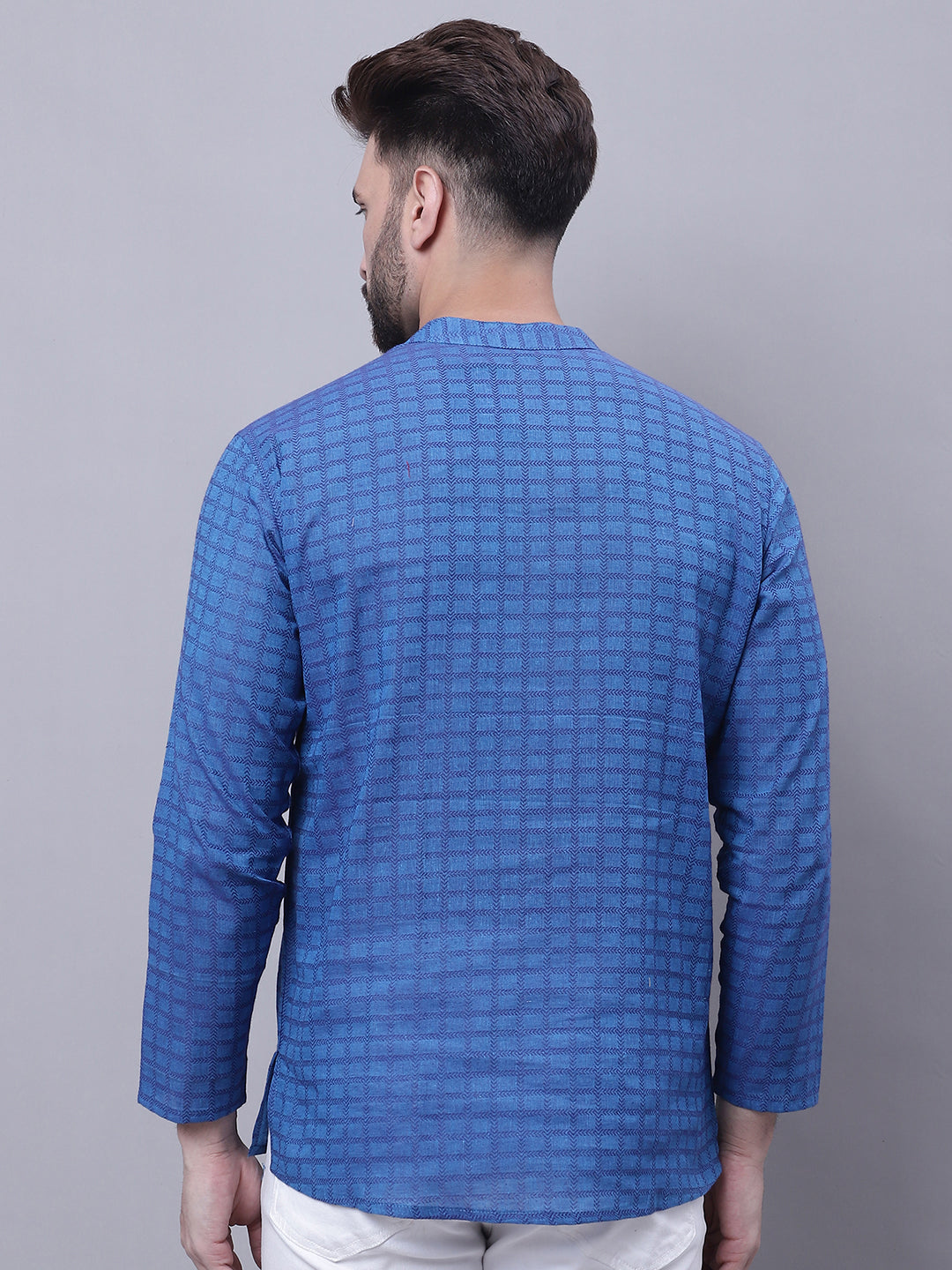 Even Apparels Blue Pure Cotton Short Kurta With Band Collar | Grocsy