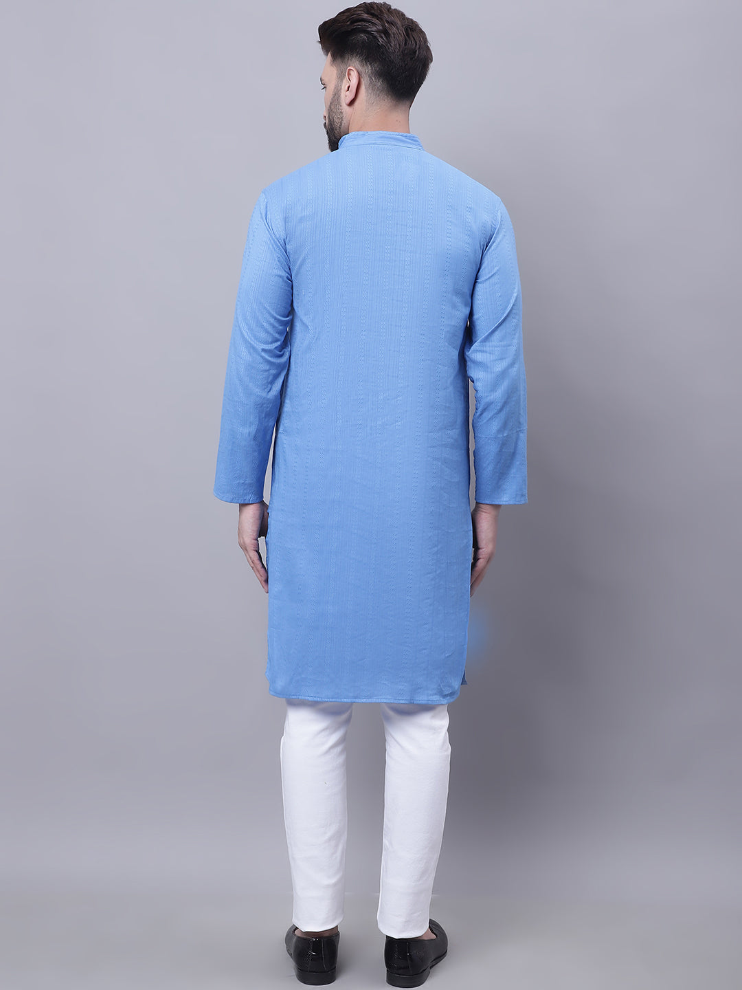 Even Apparels Blue Pure Cotton Kurta With Band Collar | Grocsy
