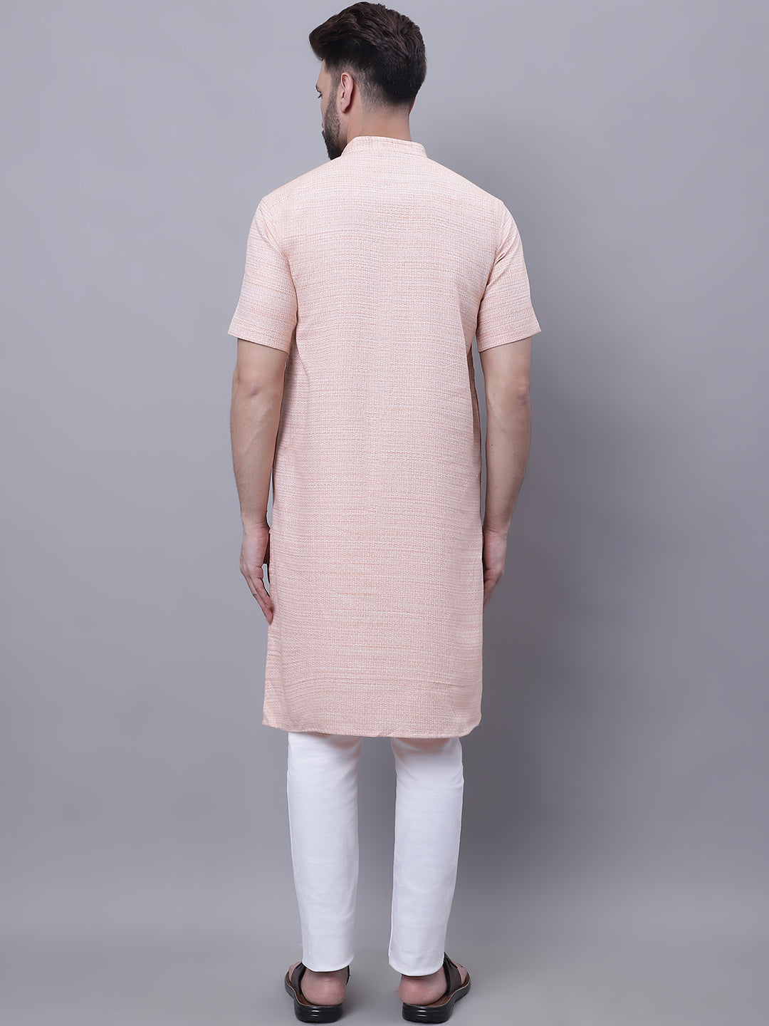 Even Apparels Peach Pure Cotton Short Sleeves Kurta With Band Collar | Grocsy