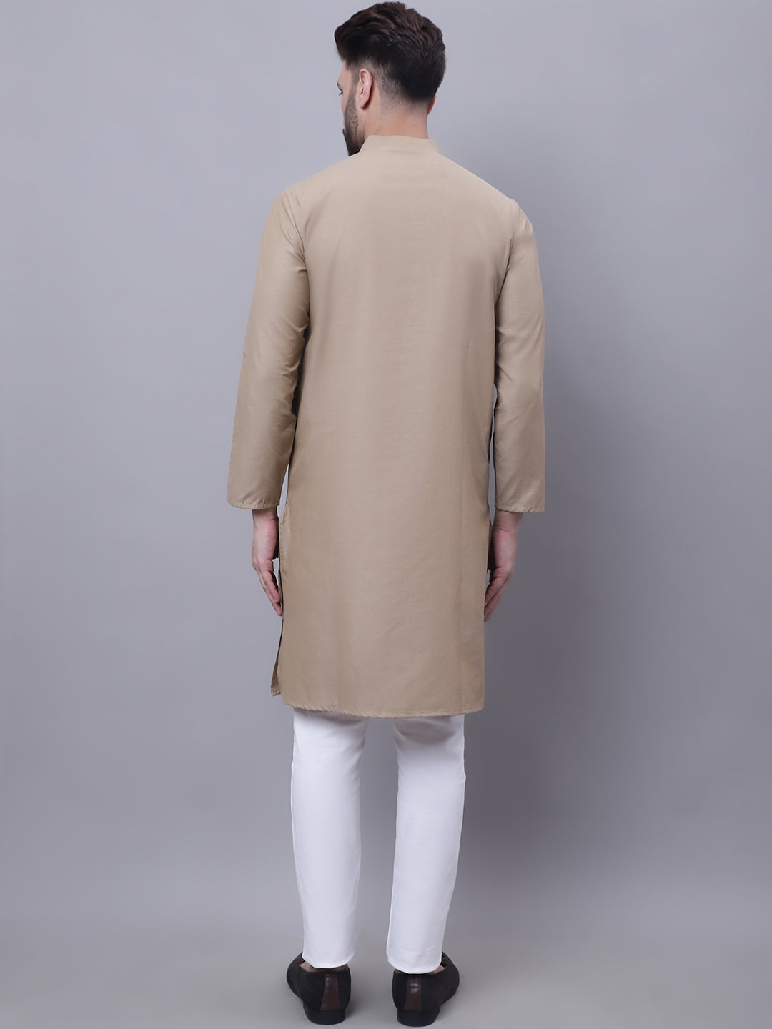 Even Apparels Beige Pure Cotton Kurta With Band Collar | Grocsy