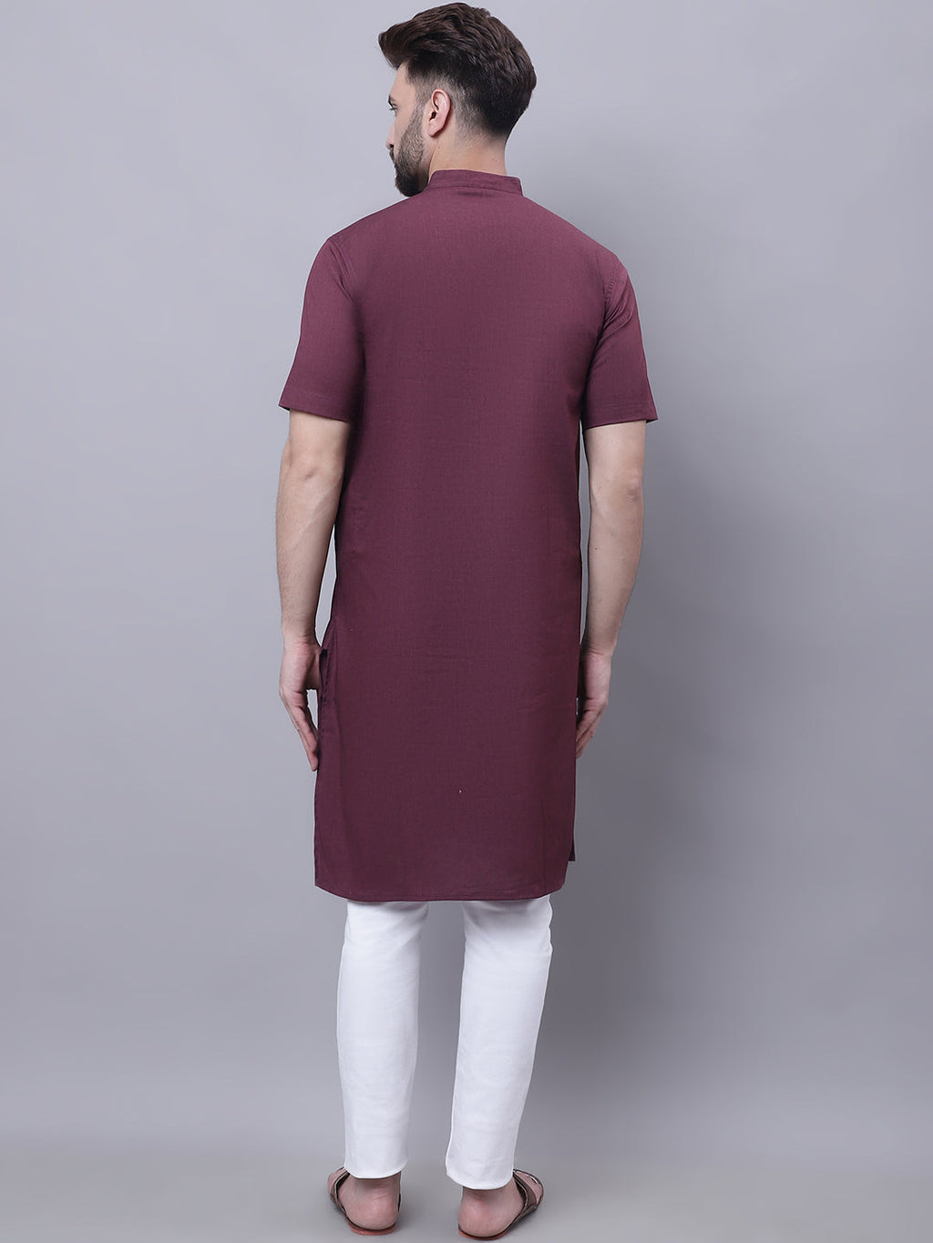 Even Apparels Wine Pure Cotton Short Sleeves Kurta With Band Collar | Grocsy