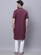 Even Apparels Wine Pure Cotton Short Sleeves Kurta With Band Collar | Grocsy