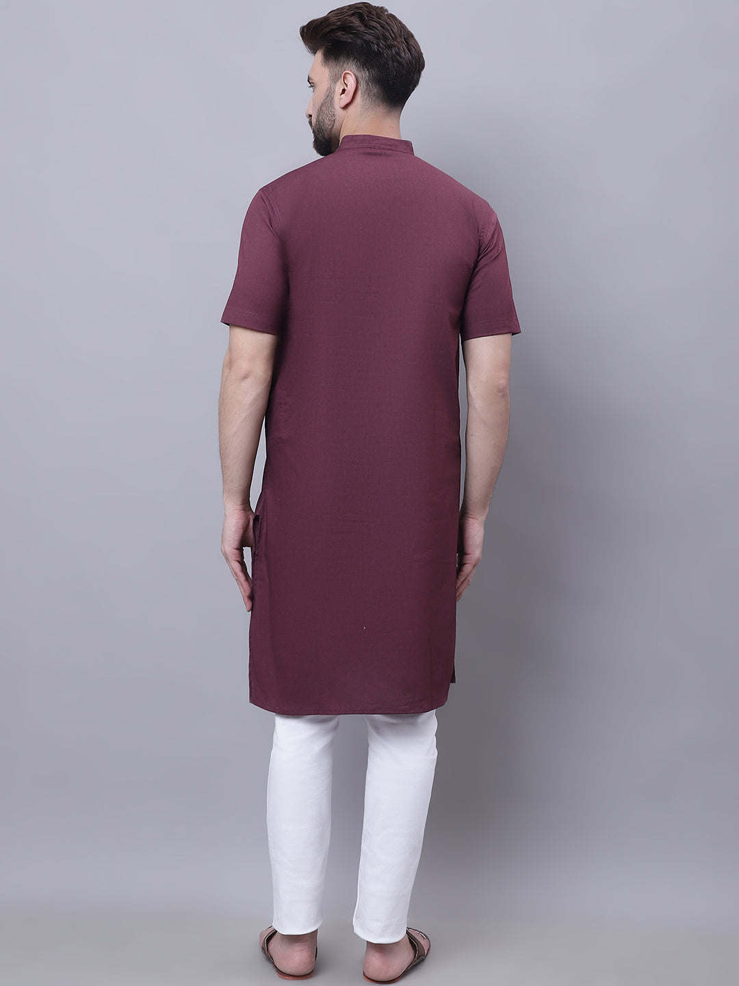 Even Apparels Wine Pure Cotton Short Sleeves Kurta With Band Collar | Grocsy