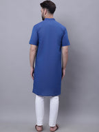 Even Apparels Blue Pure Cotton Short Sleeves Kurta With Band Collar | Grocsy