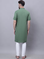 Even Apparels Green Pure Cotton Short Sleeves Kurta With Band Collar | Grocsy
