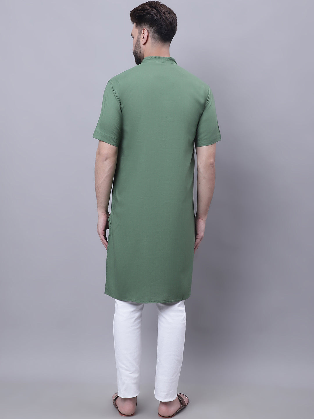 Even Apparels Green Pure Cotton Short Sleeves Kurta With Band Collar | Grocsy