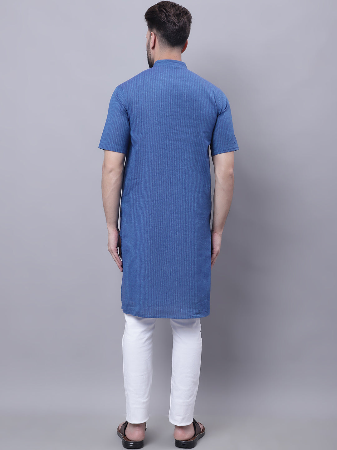 Even Apparels Blue Pure Cotton Short Sleeves Kurta With Band Collar | Grocsy