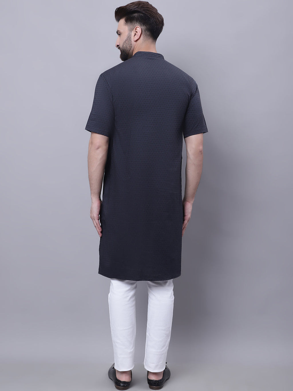 Even Apparels Black Pure Cotton Short Sleeves Kurta With Band Collar | Grocsy