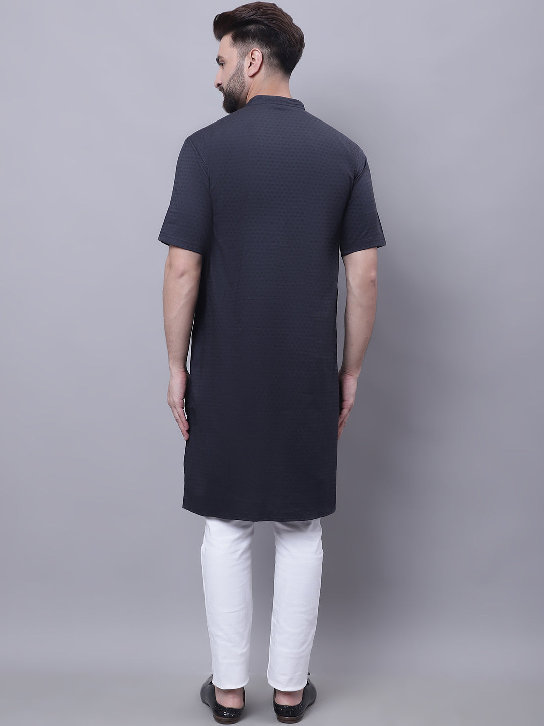 Even Apparels Black Pure Cotton Short Sleeves Kurta With Band Collar | Grocsy