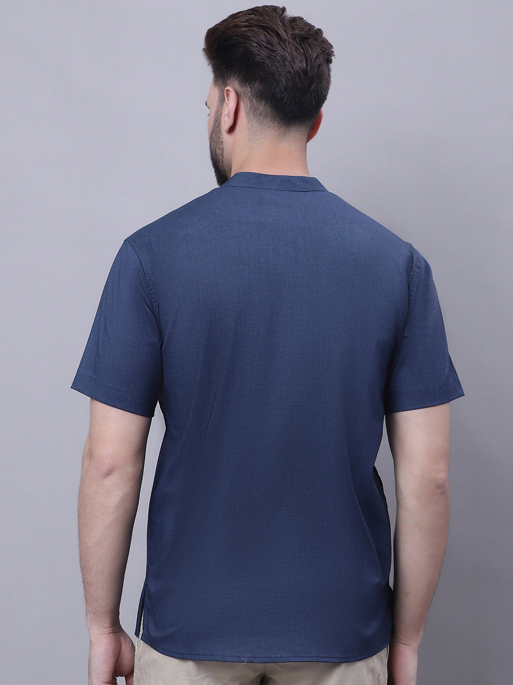 Even Apparels Blue Pure Cotton Short Kurta With Band Collar | Grocsy