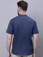 Even Apparels Blue Pure Cotton Short Kurta With Band Collar | Grocsy