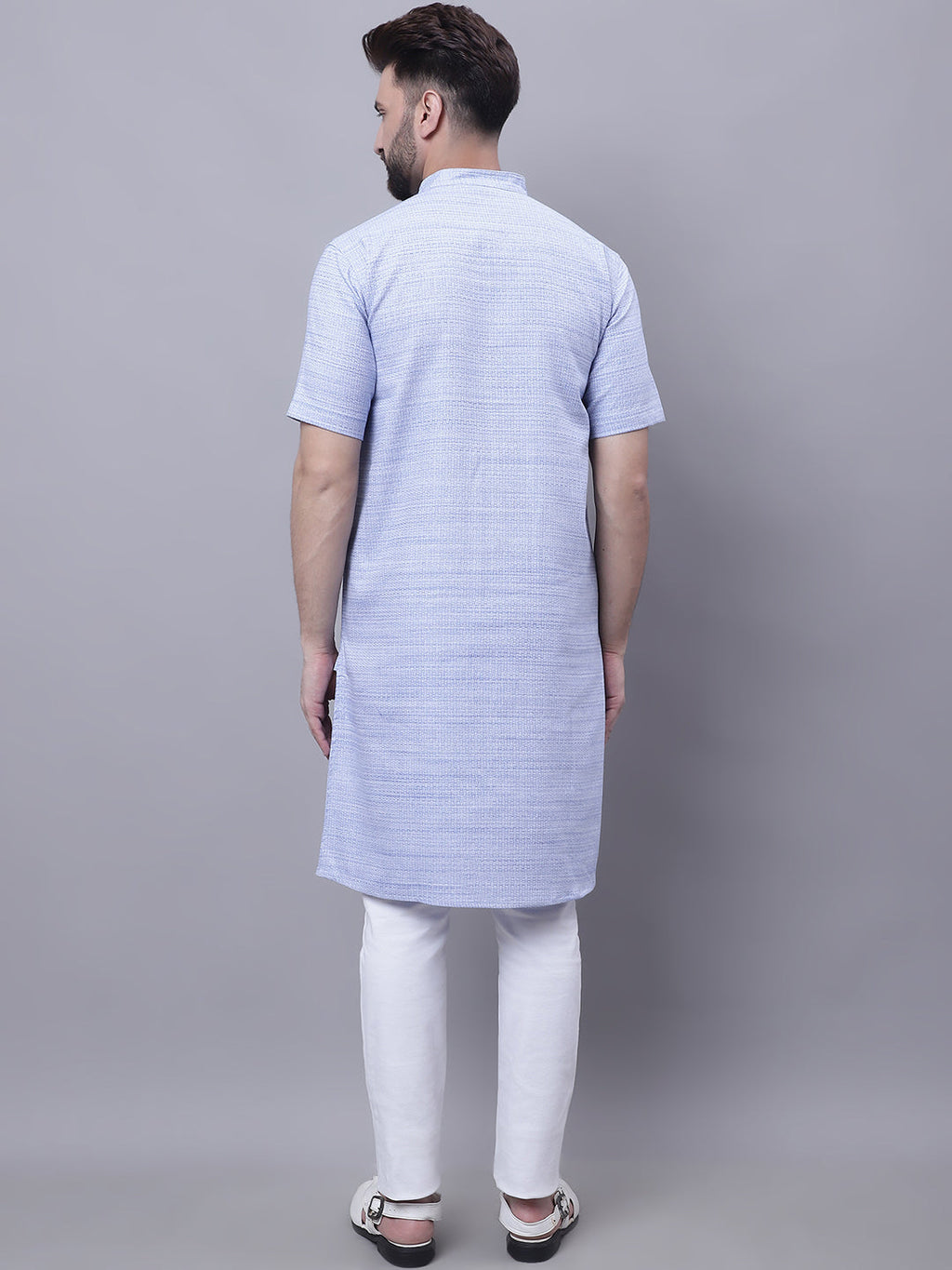 Even Apparels Blue Pure Cotton Short Sleeves Kurta With Band Collar | Grocsy