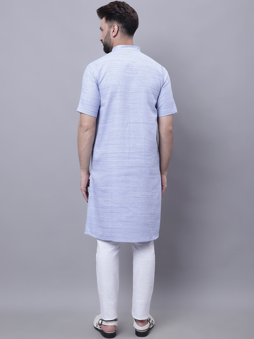 Even Apparels Blue Pure Cotton Short Sleeves Kurta With Band Collar | Grocsy