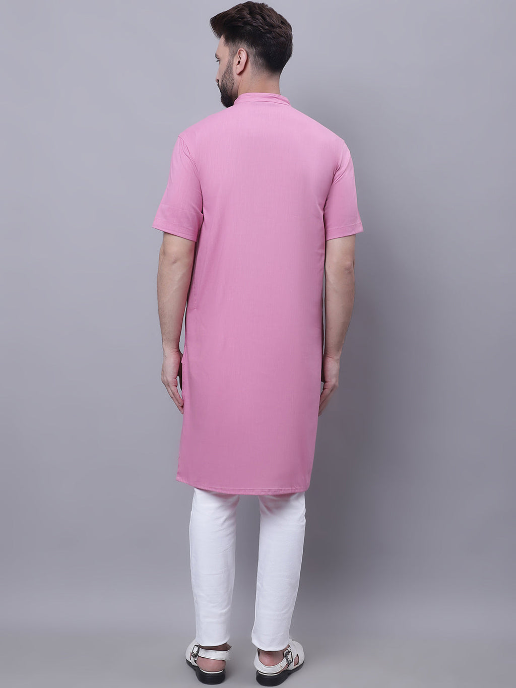 Even Apparels Pink Pure Cotton Short Sleeves Kurta With Band Collar | Grocsy