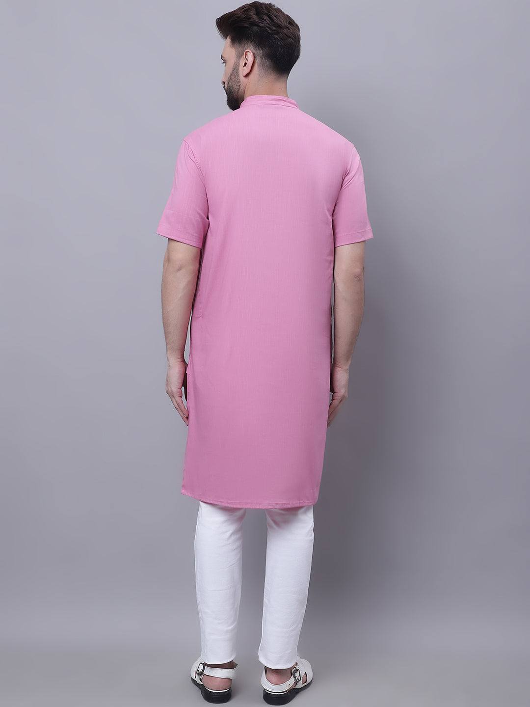 Even Apparels Pink Pure Cotton Short Sleeves Kurta With Band Collar | Grocsy