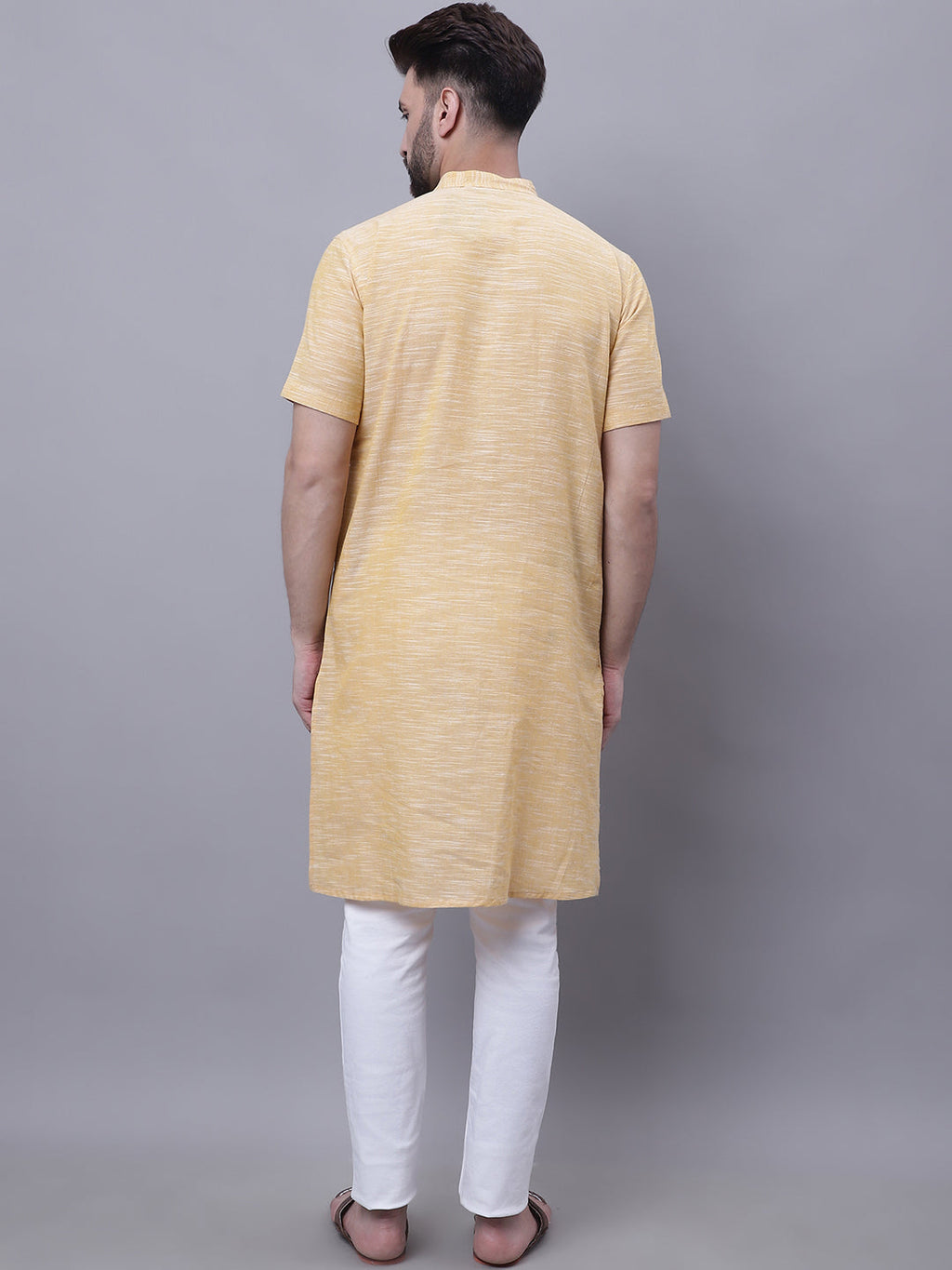 Even Apparels Yellow Pure Cotton Short Sleeves Kurta With Band Collar | Grocsy
