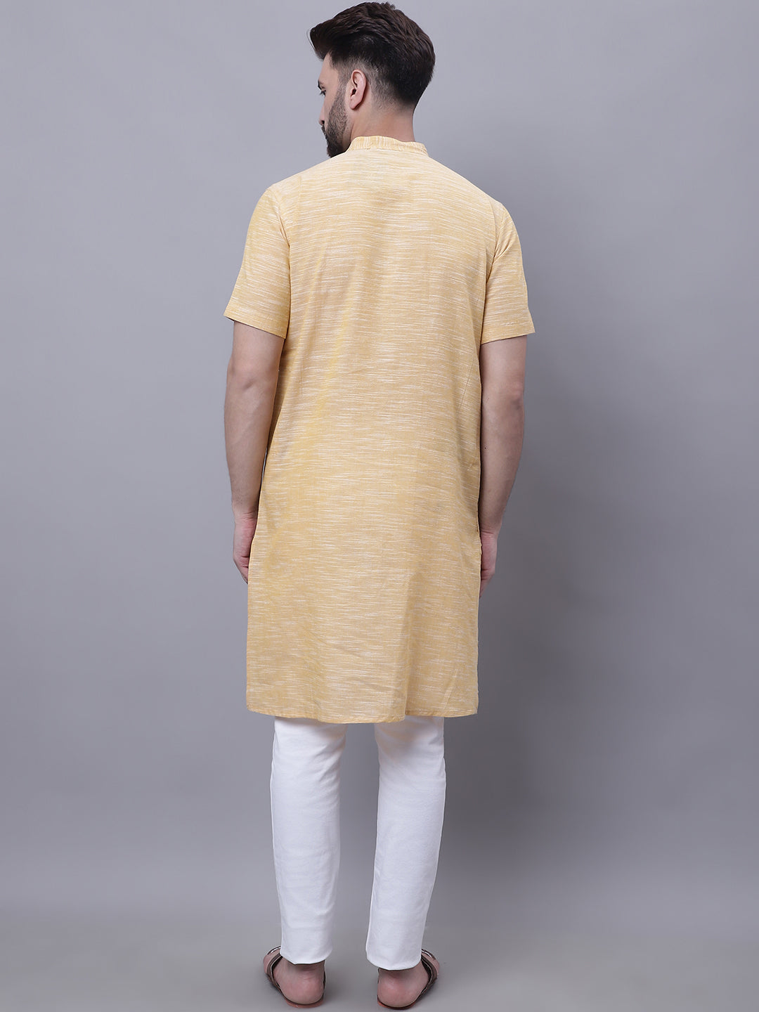 Even Apparels Yellow Pure Cotton Short Sleeves Kurta With Band Collar | Grocsy