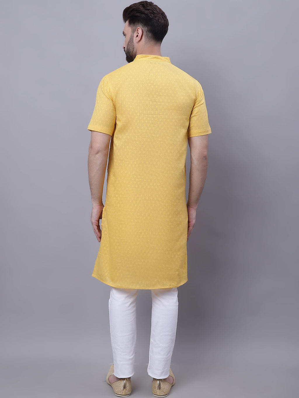 Even Apparels Yellow Pure Cotton Short Sleeves Kurta With Band Collar | Grocsy